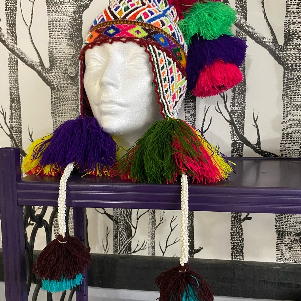 Colorful beaded small shaman Pom Pom Knit Hat